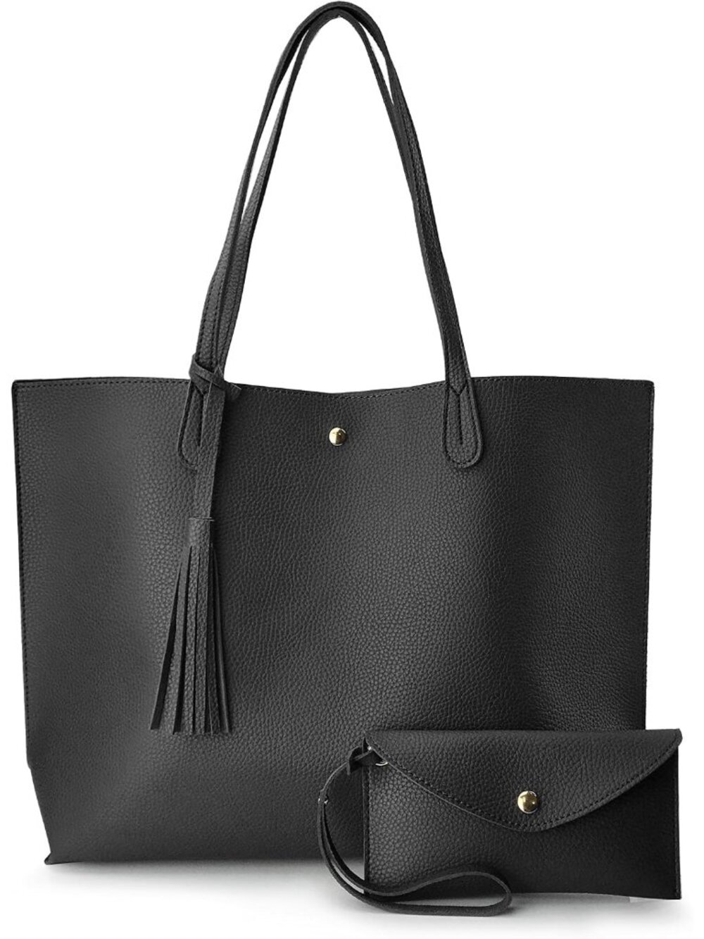 Women's Black Faux Leather Minimalist Clean Cut Pebbled Shoulder Tote Bags
